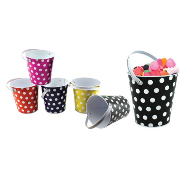 Polka Dot Tin Bucket At top 10cm x At bottom 7.8cm x Height 10.3cm