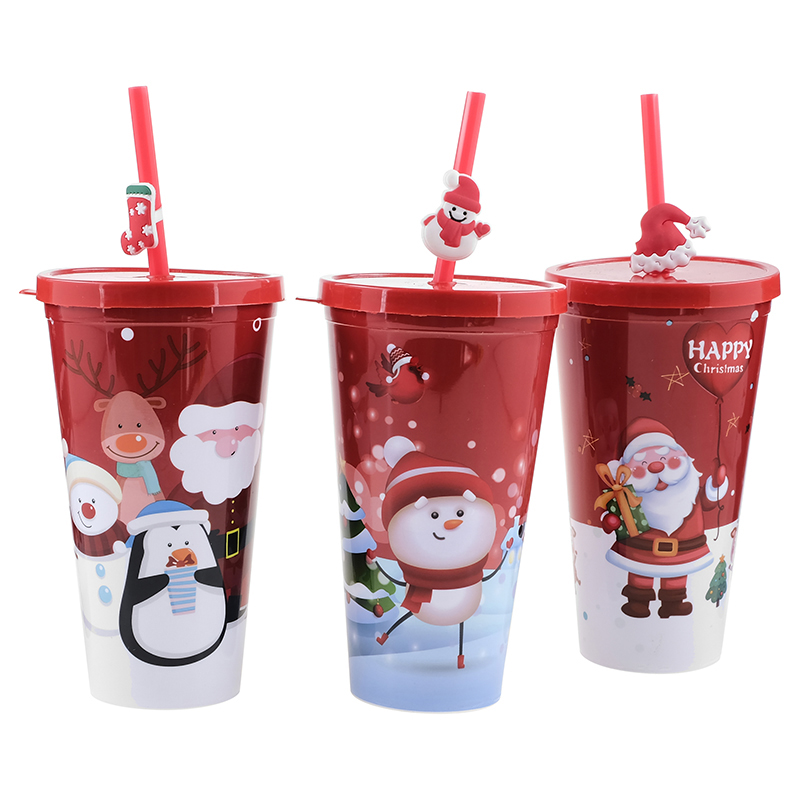 Cup With Straw & Lid Plastic Christmas 550ml